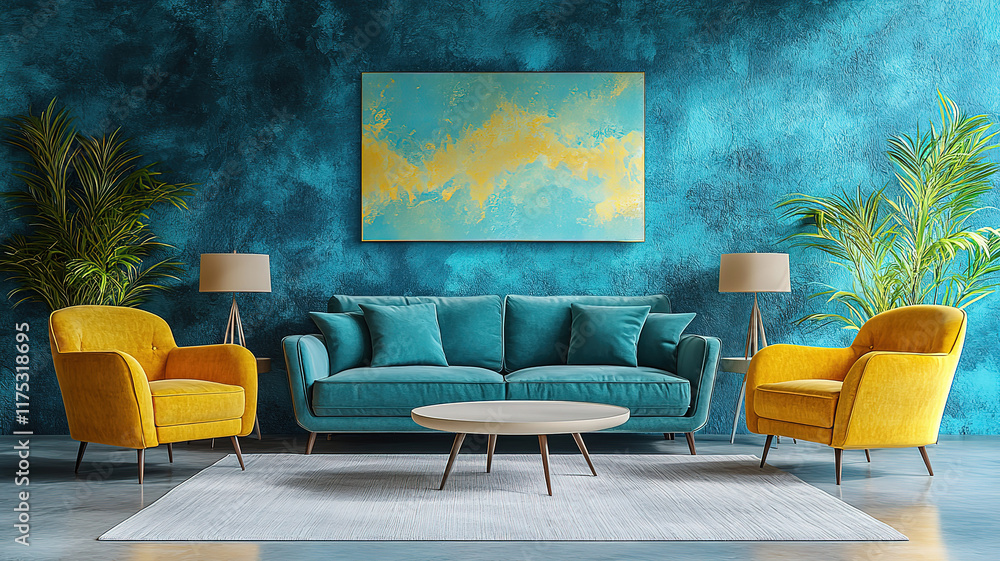 Fototapeta premium Turquoise sofa and yellow armchairs in minimalist modern apartment design