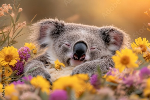 A koala surrounded by colorful Australian wildflowers, sitting calmly in a sunny clearing photo