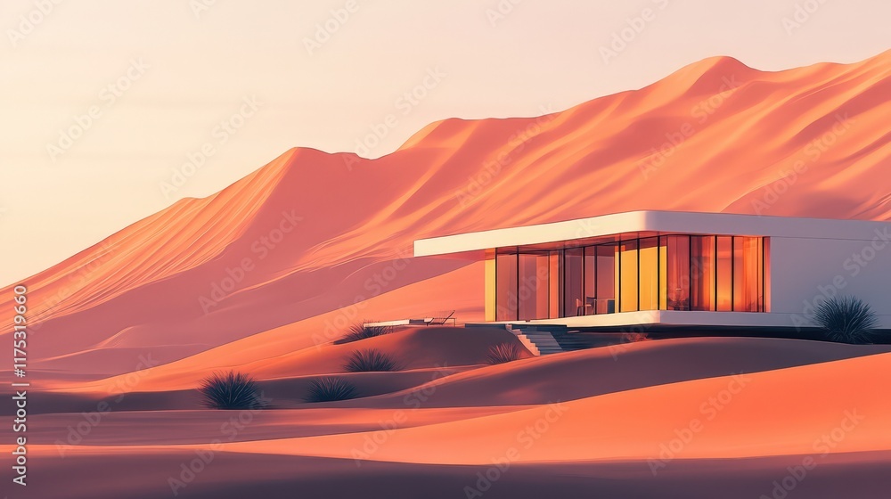 Obraz premium Modern Desert House Architecture Amidst Sand Dunes