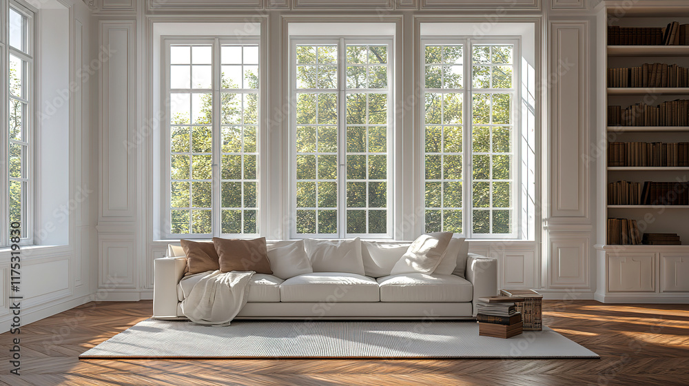 Modern Parisian interior with sofa, bookcase, and classic white paneling walls by French windows Modern Parisian interior with sofa, bookcase, and classic white paneling walls by French windows