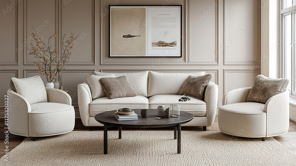 Fototapeta premium Cozy Scandinavian living room with round coffee table and classic paneling design