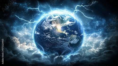 Apocalyptic Earth: A planet engulfed in a raging storm of cosmic lightning, a dramatic depiction of nature's raw power.