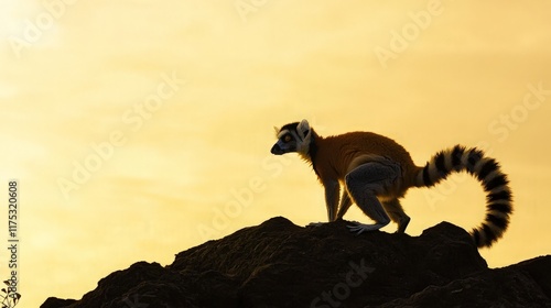 Lemur sunset silhouette, rocky outcrop, African savanna, wildlife photography, nature documentary.