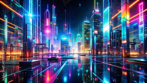 Surreal Futuristic Tech Interface: Holographic Data Stream and Neon Cityscape