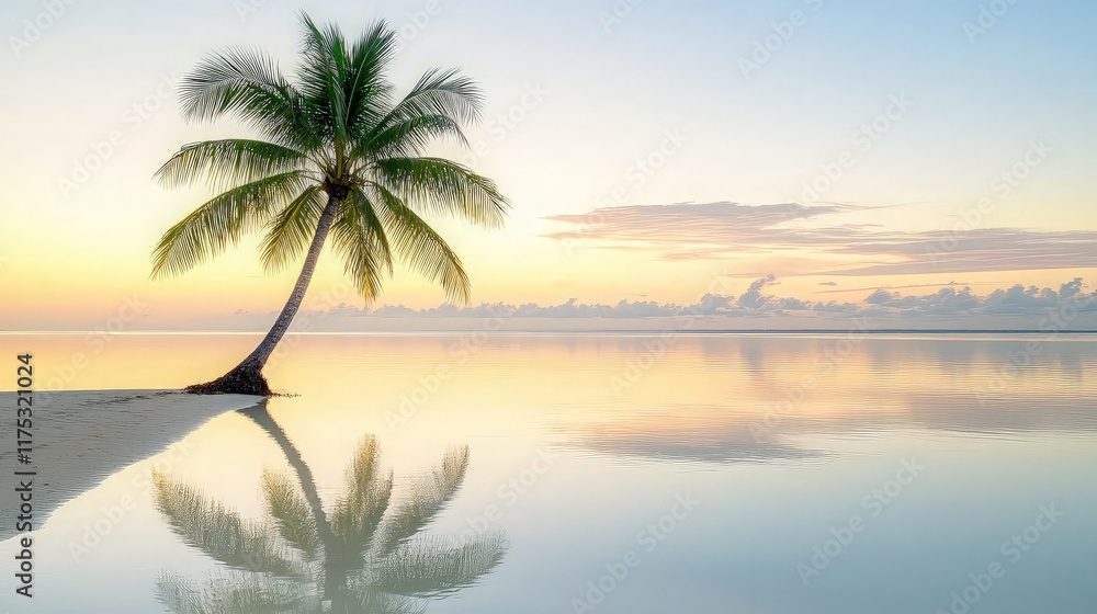 Lonely palm tree reflecting on calm ocean at sunrise; tropical island paradise; vacation poster. Lonely palm tree reflecting on calm ocean at sunrise; tropical island paradise; vacation poster.