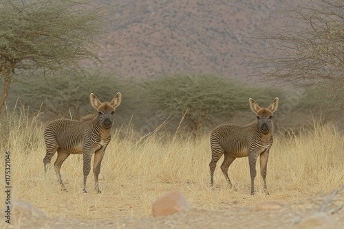 Two plains zebras (Equus burchelli) inhabit their natural environment in South Africa