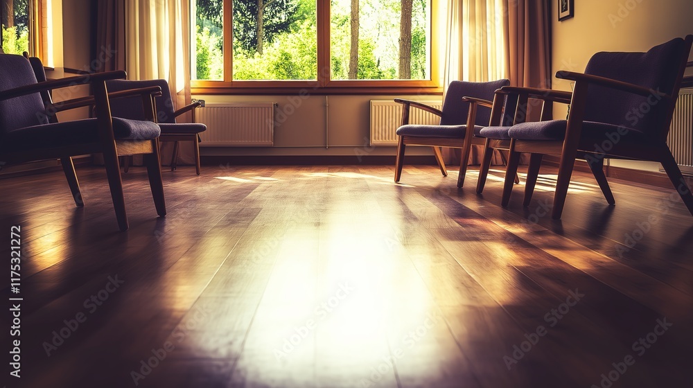 Fototapeta premium Empty retirement home common area with unoccupied chairs and quiet surroundings, reflecting solitude and the passage of time in aging communities.