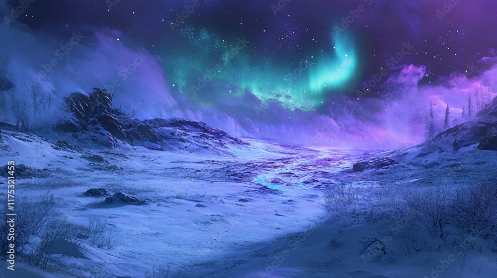 Naklejka premium Aurora Borealis over Snowy Mountains: A Winter Wonderland