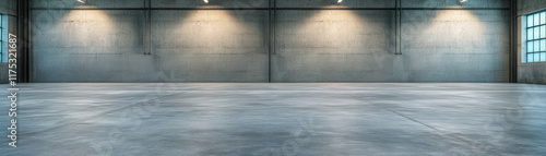 Spacious industrial warehouse interior with concrete floor and walls