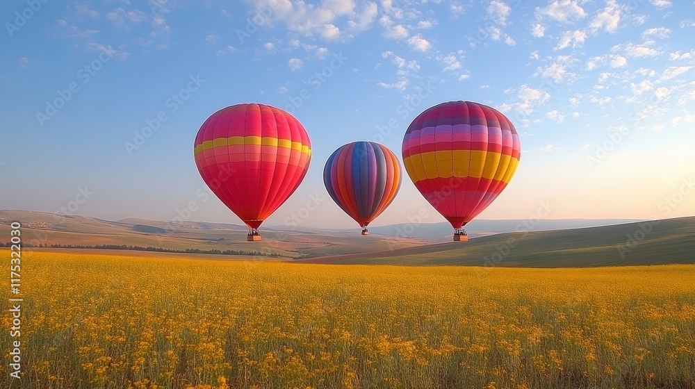 Obraz premium Three vibrant hot air balloons ascending over a golden field