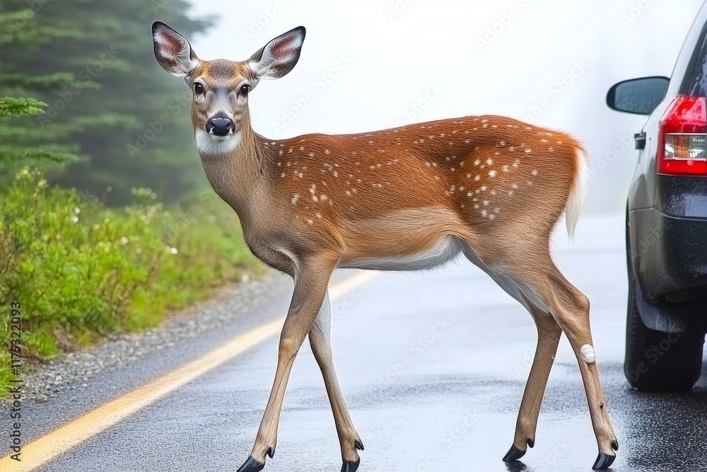 Fototapeta premium A car is approaching as a white-tailed deer doe walks through the morning fog on the road