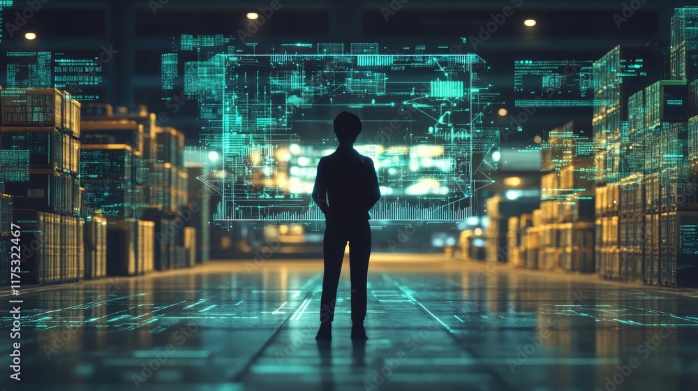 Logistics coordinator, surrounded by digital and technological symbols icons, cargo handling efficiency,back view Logistics coordinator, surrounded by digital and technological symbols icons, cargo handling efficiency,back view