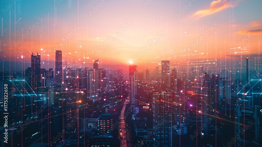 Fototapeta premium Vibrant Futuristic City Skyline at Dramatic Sunset with Glowing Skyscrapers Busy Urban Infrastructure and Pulsing Lights Reflecting on the City Below Concept of Modern Metropolis Economic Growth