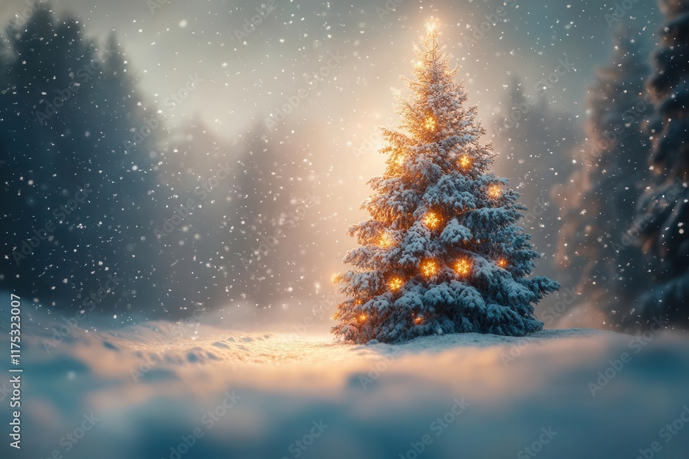 charming winter landscape featuring a lush christmas fir tree blanketed in snow surrounded by softly falling flakes and a serene peaceful atmosphere charming winter landscape featuring a lush christmas fir tree blanketed in snow surrounded by softly falling flakes and a serene peaceful atmosphere