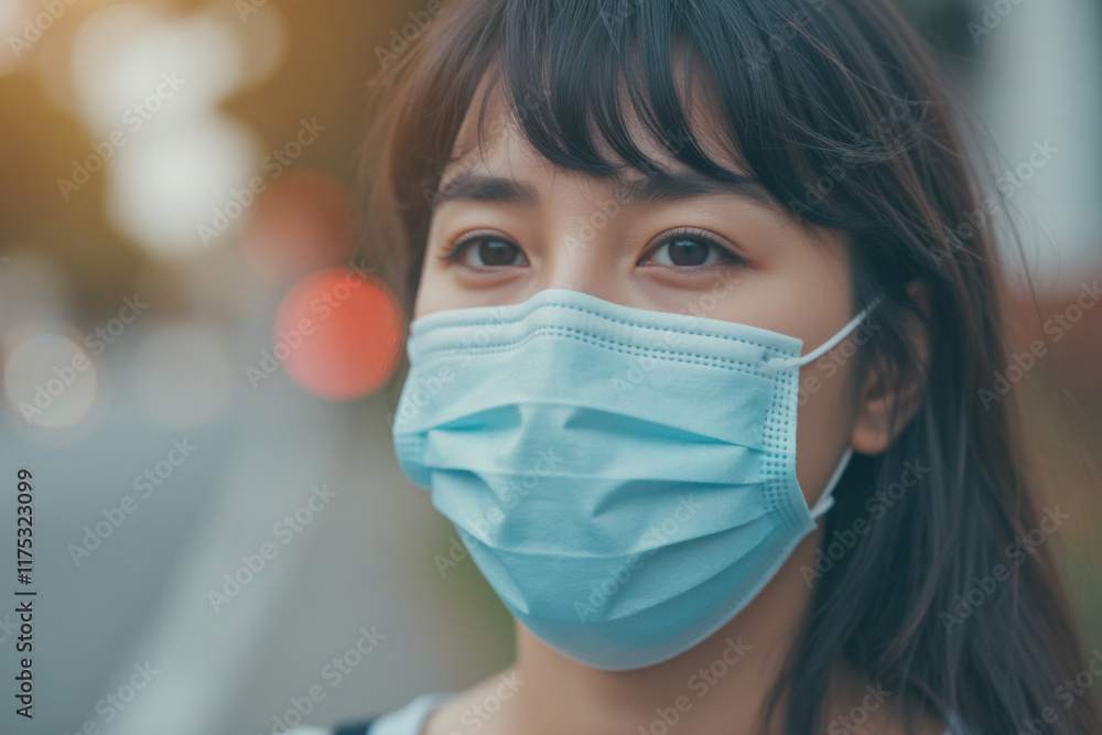 A young woman is wearing a blue surgical mask. The background is blurred with bokeh effect A young woman is wearing a blue surgical mask. The background is blurred with bokeh effect