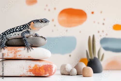 A minimalist depiction of a lizard on a rock, with sharp, geometric shapes and vibrant earthy tones