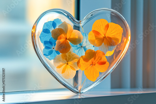 Valentine's Day pressed flowers love heart featuring blue hydrangea petals and orange cosmos in complementary tones, encased in clear glass, displayed on a floating shelf in a bright dining room photo