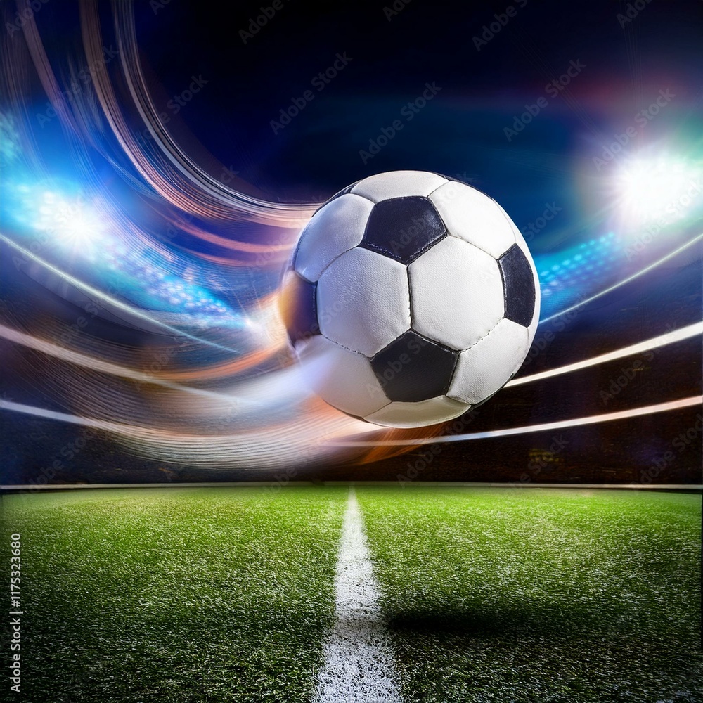 Naklejka premium Fliegender Fußball mit Schweif in der Luft, Stadion unscharf