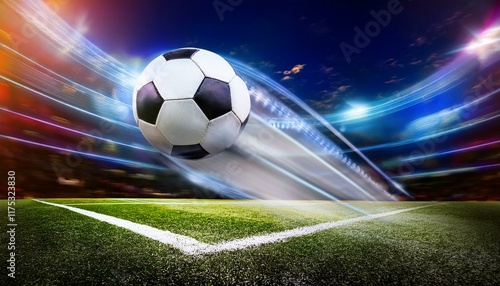 Fliegender Fußball mit Bewegung und Schweif im Stadion