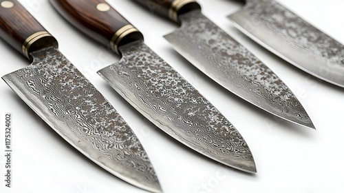 Handcrafted knives with textured blades on white background, ready for use. photo