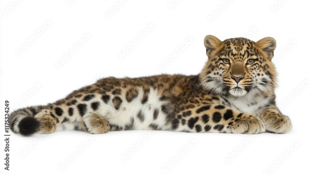 Spotted leopard, centered and facing the camera, isolated on a white background Spotted leopard, centered and facing the camera, isolated on a white background