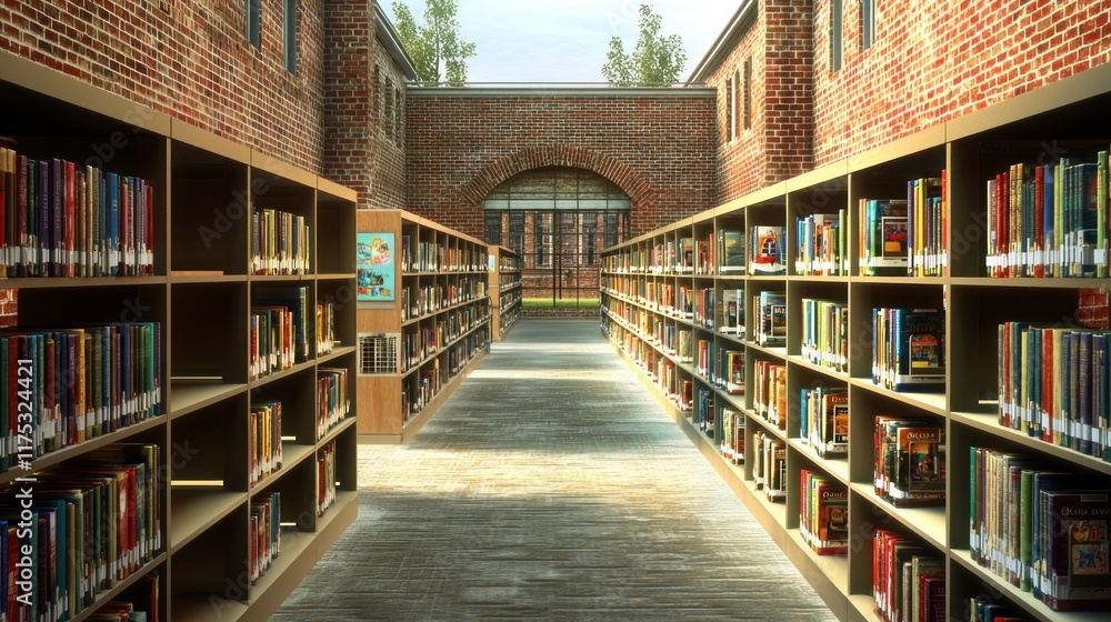 A serene library interior with bookshelves and natural light. A serene library interior with bookshelves and natural light.