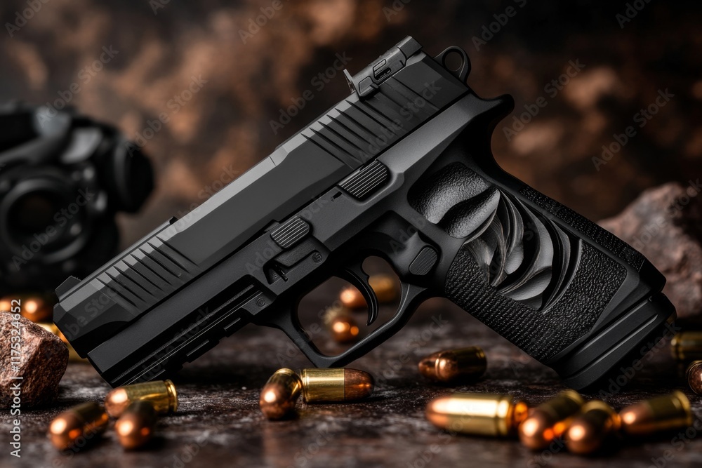 Obraz premium A modern black handgun with a tactical flashlight attachment, placed on a rugged surface with scattered bullets