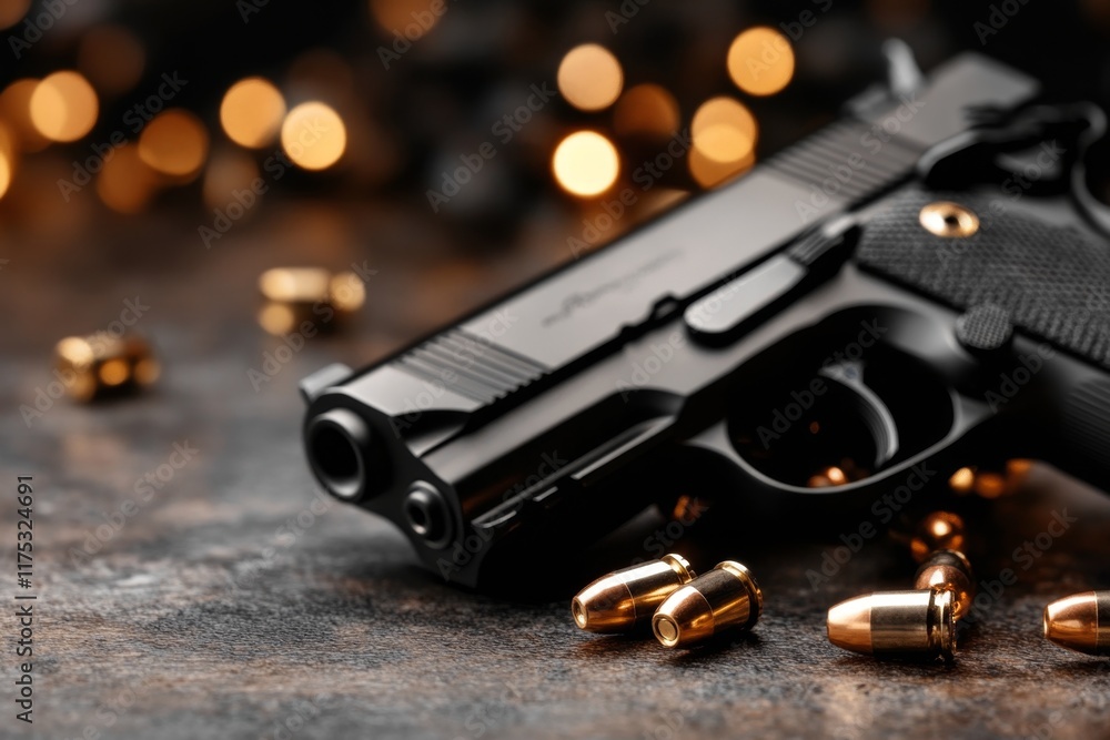 Obraz premium A modern black handgun with a tactical flashlight attachment, placed on a rugged surface with scattered bullets