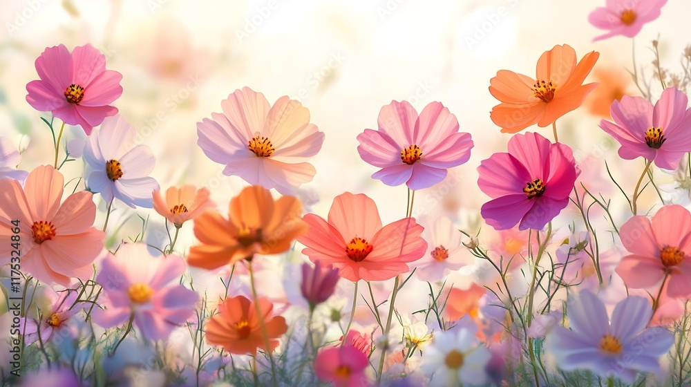 Vibrant Cosmos Flower Field in Summer Sunlight Vibrant Cosmos Flower Field in Summer Sunlight