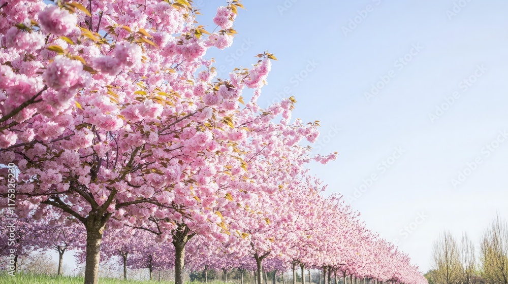 Pink cherry blossoms line a sunny orchard. Spring landscape. Use calendar, website. Pink cherry blossoms line a sunny orchard. Spring landscape. Use calendar, website.
