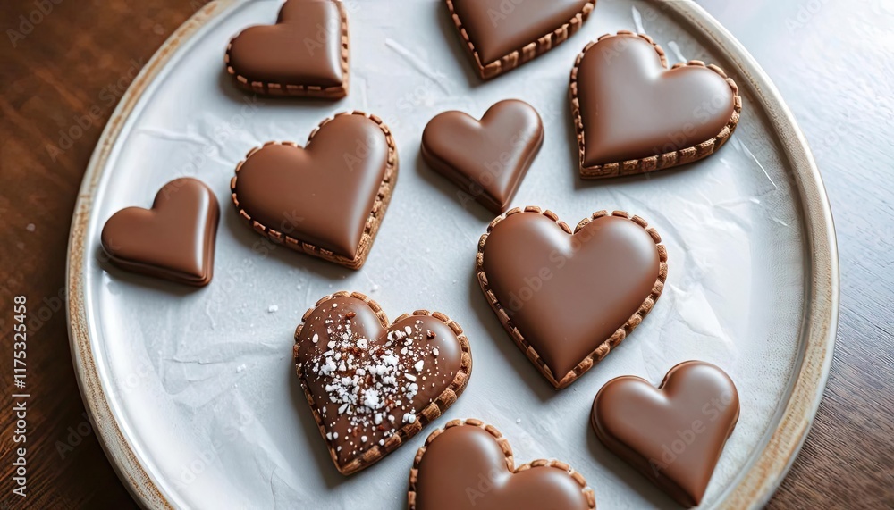 Heart-shaped chocolate cookies on plate, wooden table background, dessert, food photography Heart-shaped chocolate cookies on plate, wooden table background, dessert, food photography