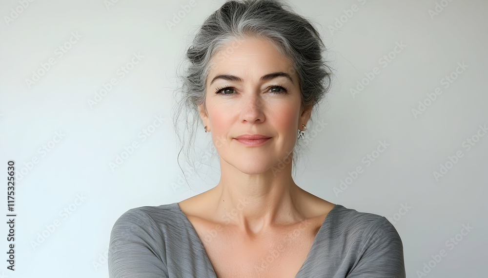 Beautiful, mature woman in her 50s, showcasing radiant skin and skincare cosmetics on a white background AI Generated Beautiful, mature woman in her 50s, showcasing radiant skin and skincare cosmetics on a white background AI Generated