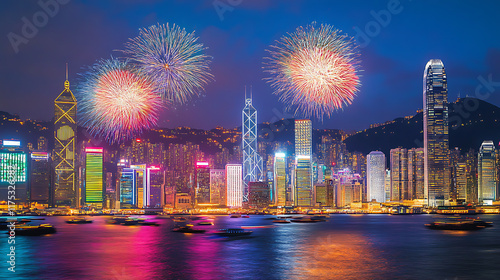  A grand fireworks display over a bustling city, colorful explosions lighting up the night sky1 photo