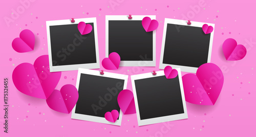 Five romantic blank square photo frames with papercut hearts on pink background. Happy Valentine’s Day vector template illustration