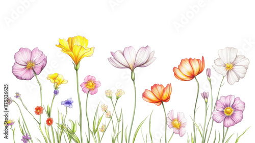 Wallpaper Mural Colorful spring flowers pencil drawing on transparent background Torontodigital.ca