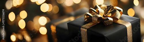 Black gift boxes with golden bows, paired with soft bokeh lights for an elegant festive look AI Generated