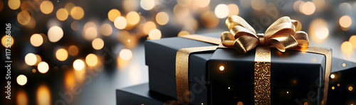 Black gift boxes with golden bows, paired with soft bokeh lights for an elegant festive look AI Generated