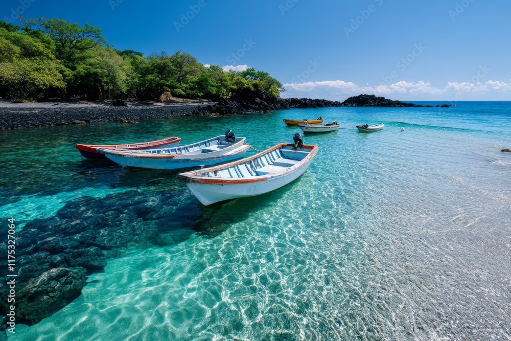 Naklejka premium A serene beach on Jeju Island, with black volcanic rocks, clear waters, and colorful fishing boats anchored nearby