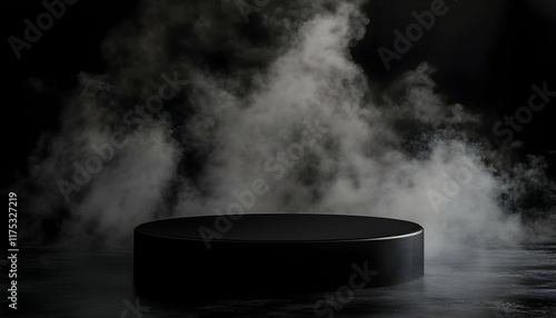 Wallpaper Mural Black podium with dark smoke and fog, creating an abstract stage for dramatic product presentations AI Generated Torontodigital.ca