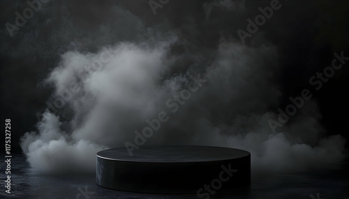 Wallpaper Mural Black podium with dark smoke and fog, creating an abstract stage for dramatic product presentations AI Generated Torontodigital.ca