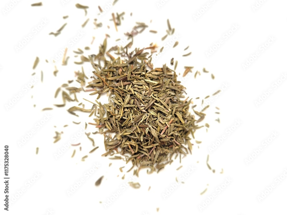Dried pieces of rosemary on a white background. Dried pieces of rosemary on a white background.