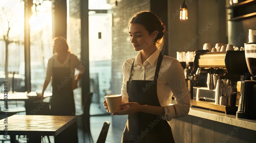 Fototapeta premium Young Barista Serving Coffee In A Sunny Cafe
