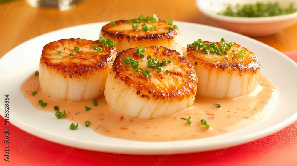 Deliciously Seared Scallops Served with Creamy Sauce and Fresh Herbs Deliciously Seared Scallops Served with Creamy Sauce and Fresh Herbs