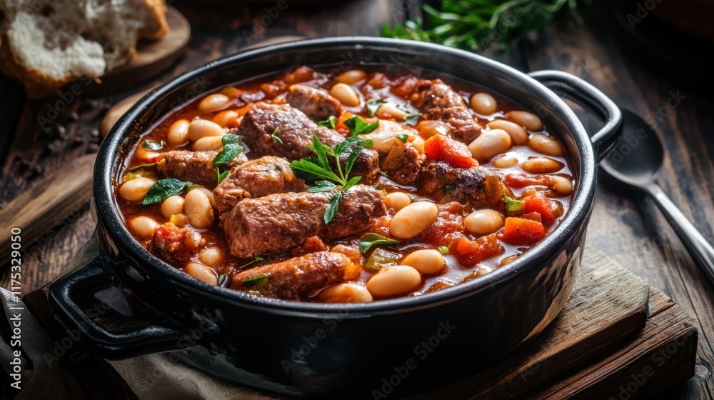 Bean stew with meat and vegetables in a rustic pot. Cassoulet Bean stew with meat and vegetables in a rustic pot. Cassoulet