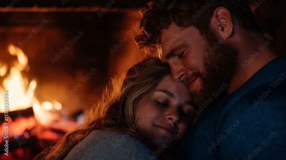 A cozy moment in front of a fireplace, with one partner resting their head on the other's shoulder A cozy moment in front of a fireplace, with one partner resting their head on the other's shoulder