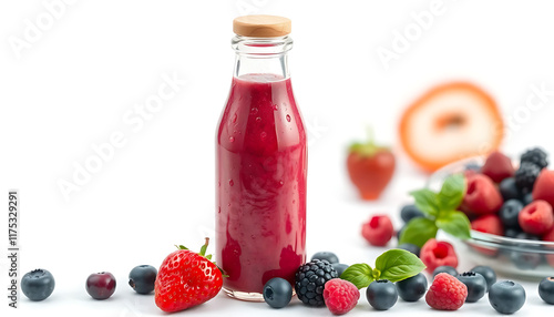 A vibrant image showcasing a bottle of a rich red berry smoothie, seemingly made with strawberries, blueberries, and raspberries.