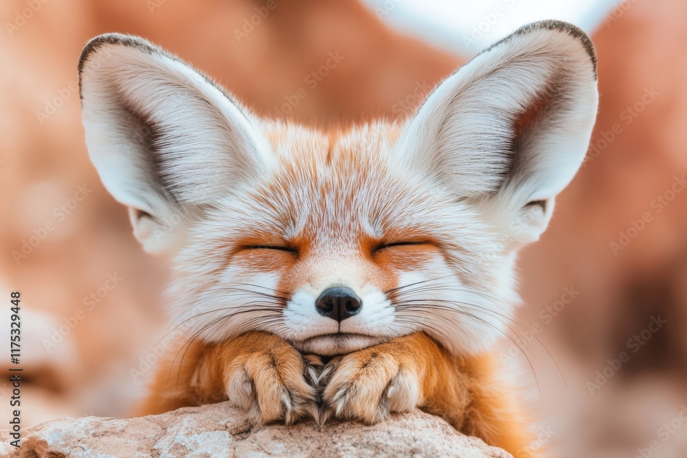 Fototapeta premium A realistic depiction of a fennec fox resting in the shade of a rock, with its large ears standing out