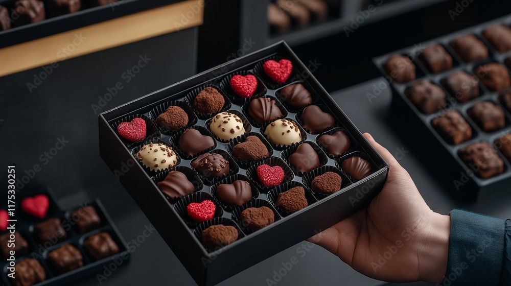 A small box of hand-made chocolates with each piece decorated with tiny hearts. A small box of hand-made chocolates with each piece decorated with tiny hearts.