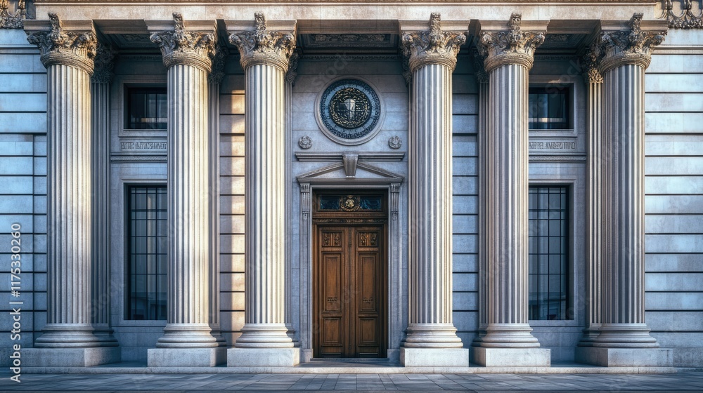 Front view of an iconic building at daytime. Concept of data protection regulation and privacy for all individuals Front view of an iconic building at daytime. Concept of data protection regulation and privacy for all individuals