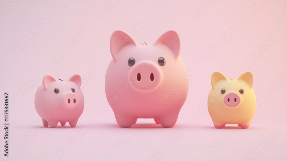 A family of piggy banks in different sizes, set on a pastel gradient background A family of piggy banks in different sizes, set on a pastel gradient background